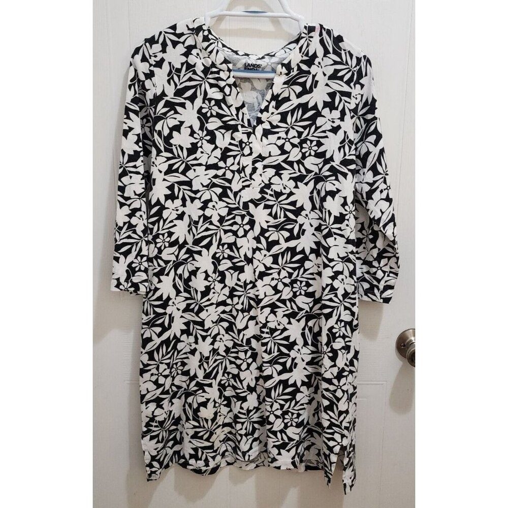 Lands' End Women's 3/4 Sleeve V Neck Shift Dress Black/White Floral Size Small
